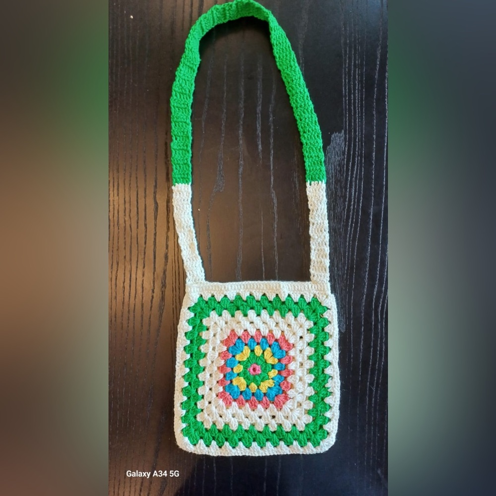 Handmade Crochet Shoulder Bag - Green and Cream